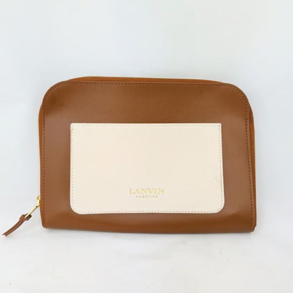 Lanvin Turkish Airlines Amenity Kit Pouch Cosmetic Bag Brown Cream Faux Leather